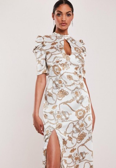 MISSGUIDED white chain print a-line midi dress ~ high neck keyhole cut-out dresses - flipped