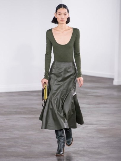 GABRIELA HEARST Amy fluted leather midi skirt in khaki-green - flipped
