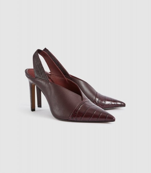 REISS ANGELICA LEATHER SLING BACK HEELS POMEGRANATE