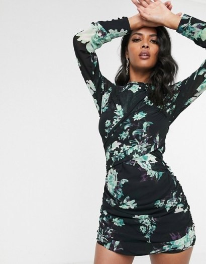 ASOS DESIGN black based floral mini dress with long sleeve and ruched detail / open back dresses - flipped