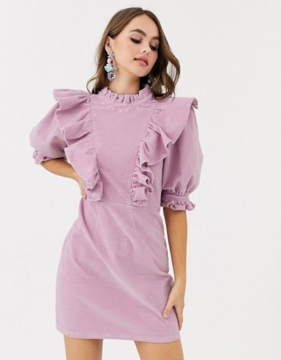ASOS DESIGN cord mini dress with high neck and puff sleeve frill detail in lilac - flipped