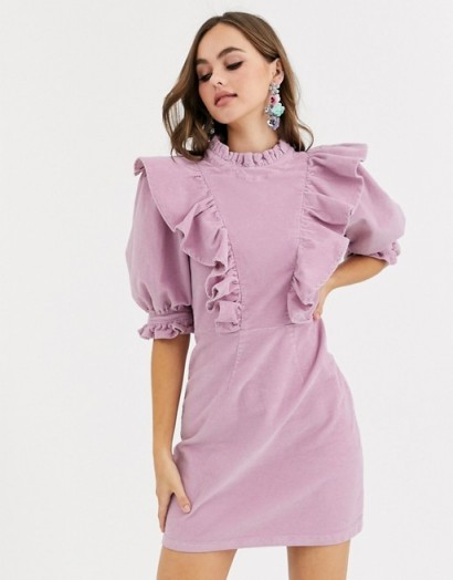 ASOS DESIGN cord mini dress with high neck and puff sleeve frill detail in lilac