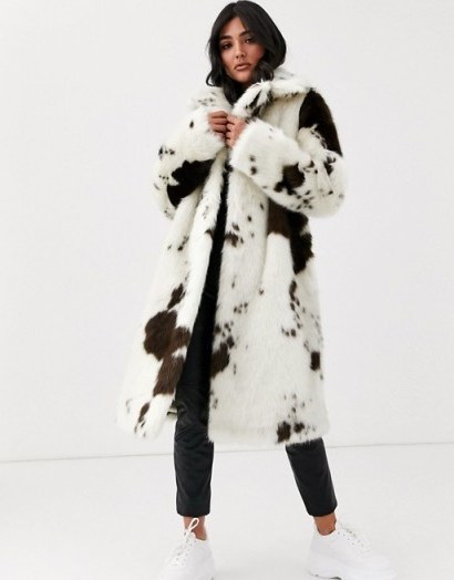 ASOS DESIGN cow print faux fur midi coat in white / monochrome winter coats - flipped