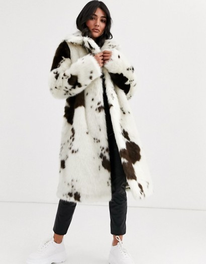 ASOS DESIGN cow print faux fur midi coat in white / monochrome winter coats