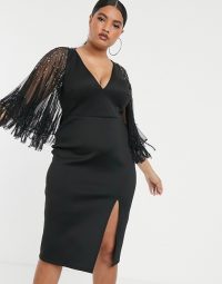 ASOS DESIGN Curve faux feather cape midi dress in black – plus size occasion wear