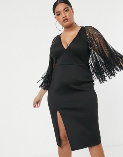 ASOS DESIGN Curve faux feather cape midi dress in black – plus size occasion wear - flipped