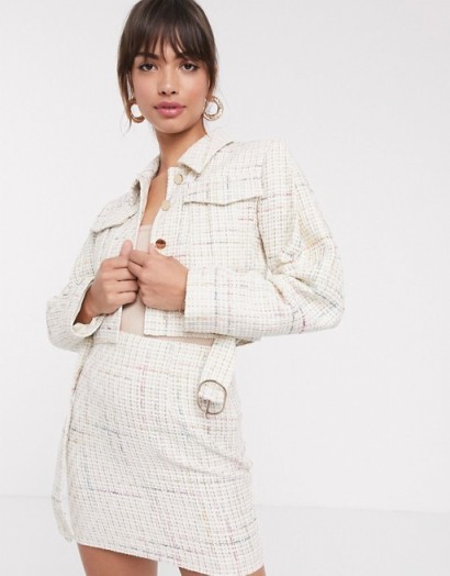 ASOS DESIGN exaggerated sleeve boucle suit in ivory – light coloured skirt suits