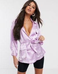 ASOS DESIGN long sleeve satin top with utility detail in lilac – silky plunging shirts – Madison Beer style edit