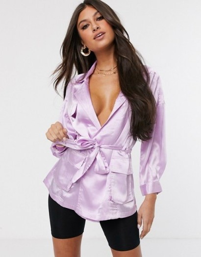 ASOS DESIGN long sleeve satin top with utility detail in lilac – silky plunging shirts – Madison Beer style edit - flipped