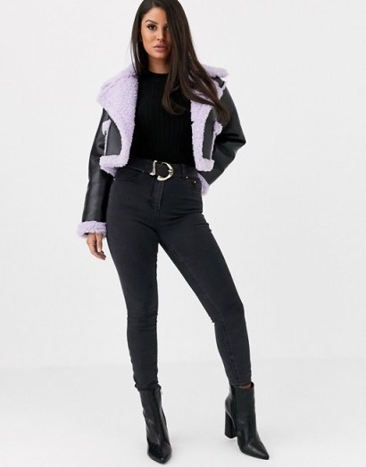 ASOS DESIGN Petite reversible crop bonded borg jacket in black / lilac – faux fur trimmed jackets - flipped