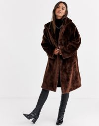 ASOS DESIGN plush faux fur hooded coat in brown | luxe style winter coats