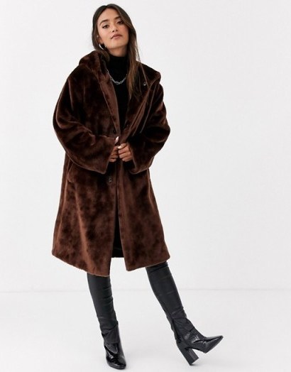 ASOS DESIGN plush faux fur hooded coat in brown | luxe style winter coats - flipped