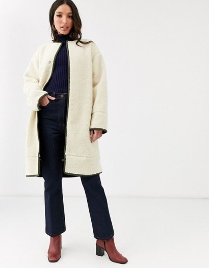 ASOS DESIGN Tall collarless borg coat with seam detail in cream / neutral winter coats - flipped