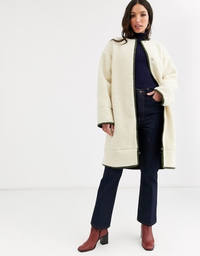 ASOS DESIGN Tall collarless borg coat with seam detail in cream / neutral winter coats