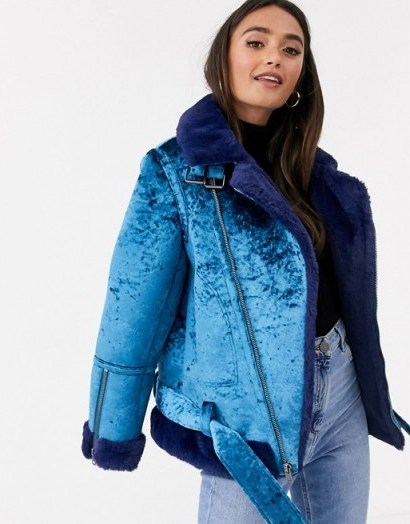 ASOS DESIGN velvet biker jacket in blue – faux fur lined jackets for Autumn - flipped