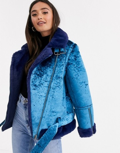 ASOS DESIGN velvet biker jacket in blue – faux fur lined jackets for Autumn