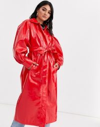ASOS DESIGN vinyl trench coat in red / shiny tie waist mac