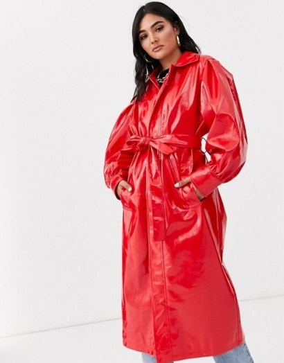 ASOS DESIGN vinyl trench coat in red / shiny tie waist mac - flipped