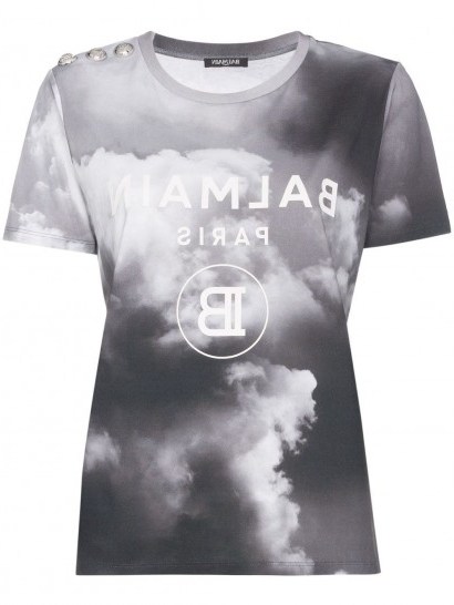 BALMAIN cloud print logo T-shirt – grey designer tee - flipped