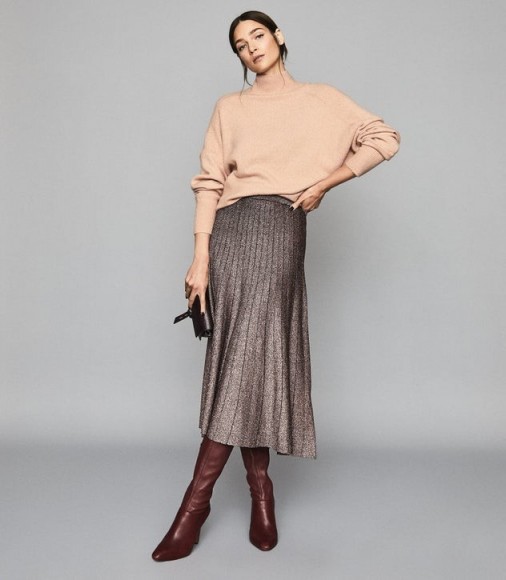 REISS BEA METALLIC PLEAT-EFFECT SKIRT BRONZE ~ flared knitted skirts