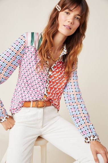 Maeve Bernadette Mixed-Print Blouse Red Motif / checked sleeve multi printed shirt - flipped