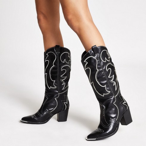 RIVER ISLAND Black high leg heel cowboy boots ~ western style footwear