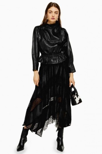Topshop Black Jacquard Lace Trim Midi Skirt in Black | semi sheer handkerchief hem skirts - flipped