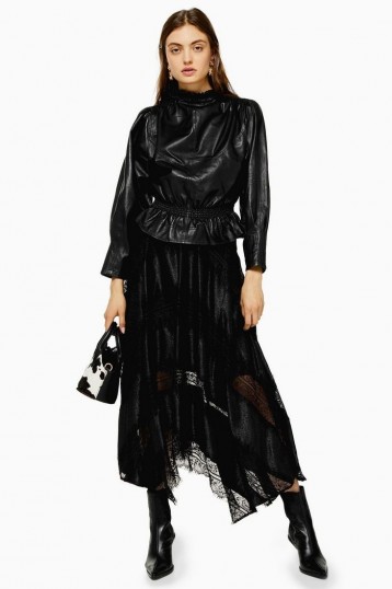 Topshop Black Jacquard Lace Trim Midi Skirt in Black | semi sheer handkerchief hem skirts