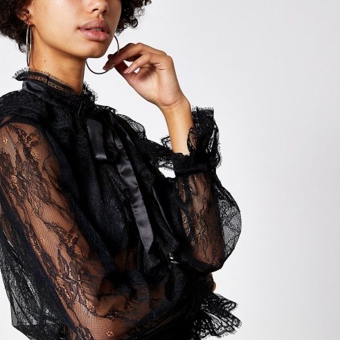 RIVER ISLAND Black lace ruffle blouse – sheer high neck blouses - flipped
