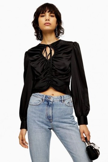 Topshop Black Ruched Keyhole Prairie Blouse | gathered tie neck top - flipped