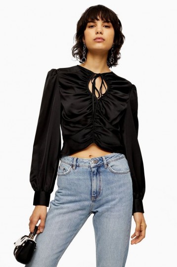 Topshop Black Ruched Keyhole Prairie Blouse | gathered tie neck top