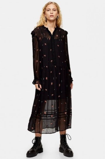 TOPSHOP Black Sheer Embroidered Floral Midi Dress - flipped