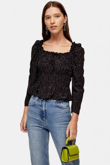 Topshop Black Spot Ruched Prairie Blouse | gathered blouses - flipped
