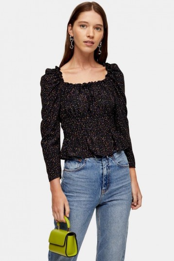 Topshop Black Spot Ruched Prairie Blouse | gathered blouses