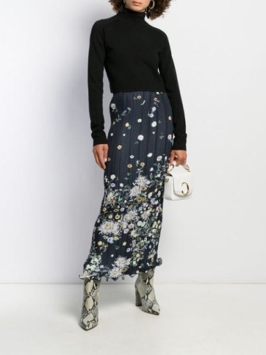 GIVENCHY floral pleated maxi skirt in navy-blue / lettuce hem skirts - flipped
