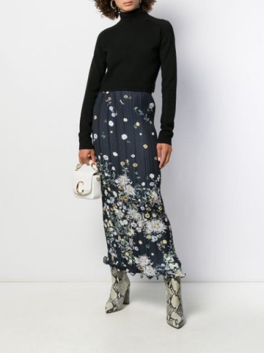 GIVENCHY floral pleated maxi skirt in navy-blue / lettuce hem skirts