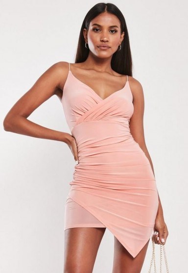 MISSGUIDED blush strappy slinky wrap bodycon mini dress ~ asymmetric ruched going out dresses - flipped