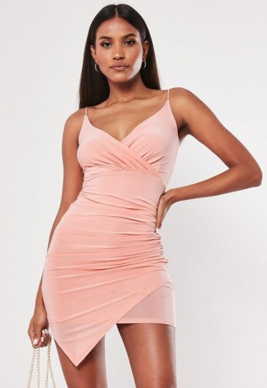 MISSGUIDED blush strappy slinky wrap bodycon mini dress ~ asymmetric ruched going out dresses