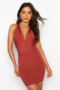 boohoo Boutique Bandage Cross Front Mini Dress in terracotta – fitted plunge-front dresses
