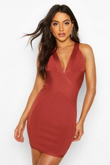 boohoo Boutique Bandage Cross Front Mini Dress in terracotta – fitted plunge-front dresses - flipped