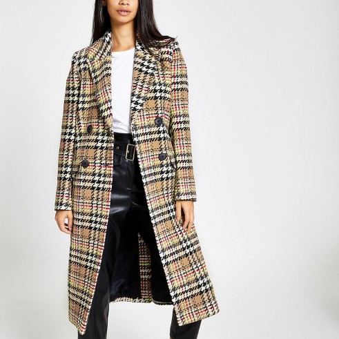 RIVER ISLAND Brown check double-breasted longline coat ~ classic checked coats