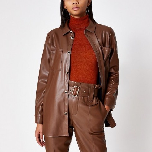RIVER ISLAND Brown faux leather shirt - flipped