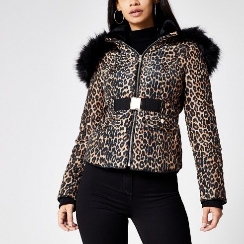 RIVER ISLAND Brown leopard print fitted padded jacket / glamorous winter jackets - flipped