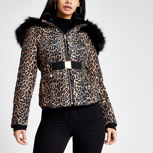 RIVER ISLAND Brown leopard print fitted padded jacket / glamorous winter jackets