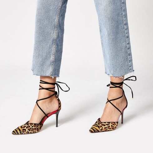 RIVER ISLAND Brown leopard print tie up court shoe / strappy pumps - flipped