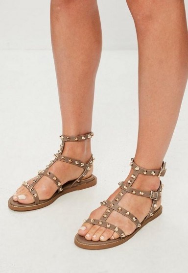 MISSGUIDED brown studded gladiator sandals ~ strappy stud embellished flats - flipped