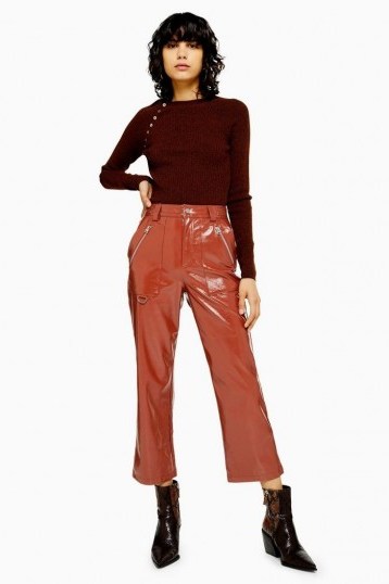 TOPSHOP Brown Vinyl Straight Leg Trousers / high shine cropped pants - flipped
