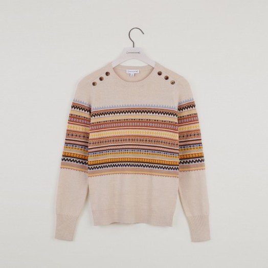 Warehouse BUTTON SHOULDER FAIRISLE JUMPER CREAM | patterned sweaters - flipped