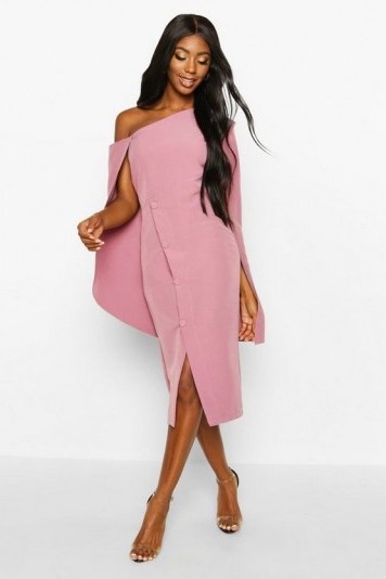 boohoo Cape Detail One Shoulder Cover Button Dress in rose – asymmetric occasion wear - flipped