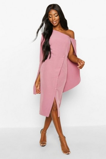 boohoo Cape Detail One Shoulder Cover Button Dress in rose – asymmetric occasion wear
